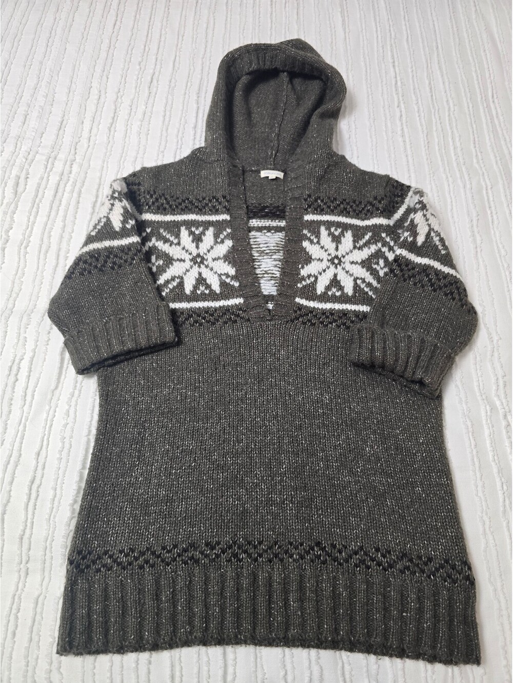 Gray Hooded Knit Sweater with White Snowflake Pattern
